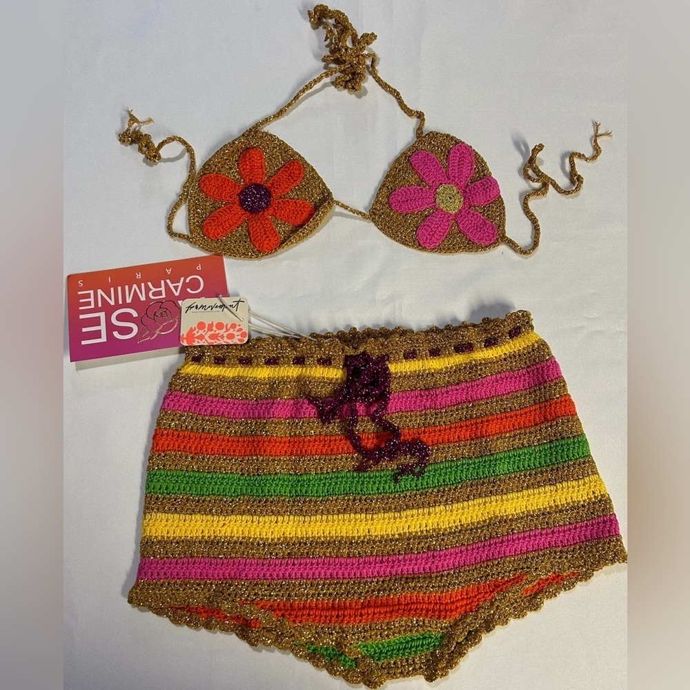 NWT Rose Carmine Rainbow Flower Crochet Swim Set - Picture 5 of 5